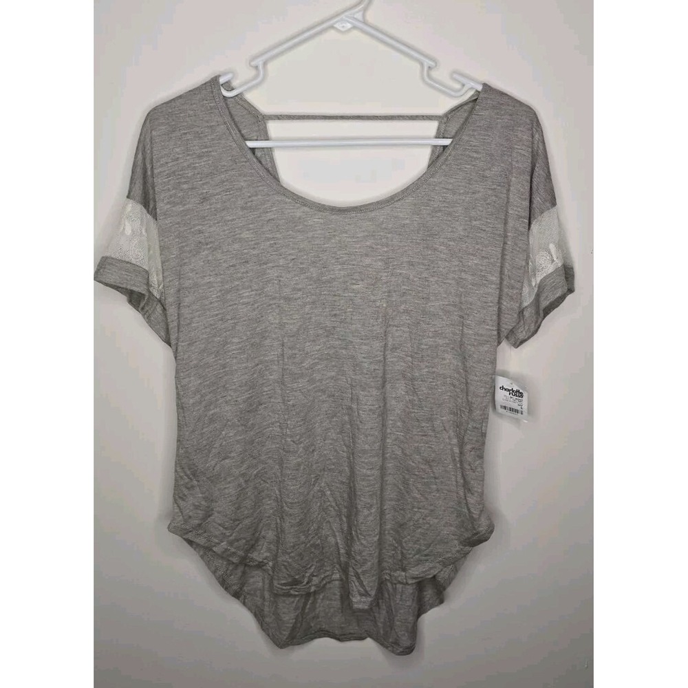 Charlotte Russe Womens Top Gray Lace Short Sleeve Slight Open Back Size Large‎